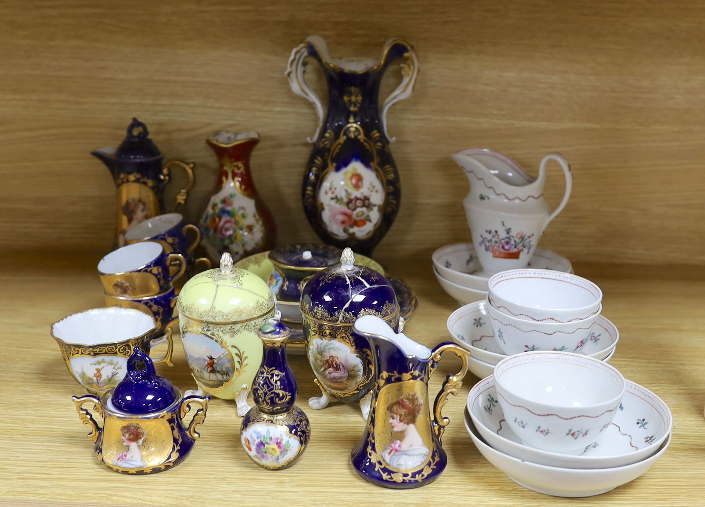 A selection of 19th century porcelain including Meissen cups, covers and saucers, Newhall type bowls and saucers and others